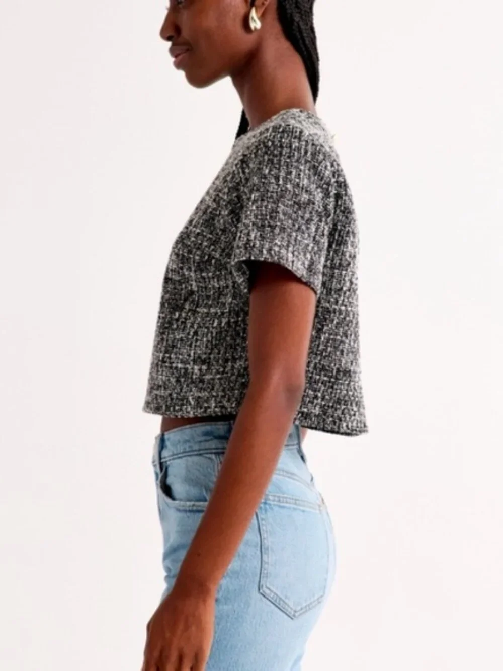 Abercrombie & Fitch Womens XS Tweed Woven Tee Top Black White Cropped Boxy Lined - Picture 3 of 14